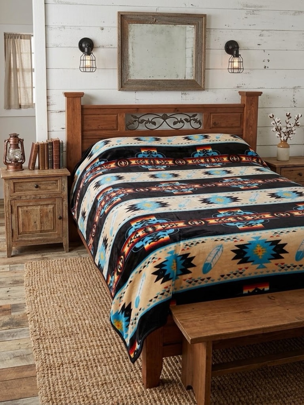Southwestern Navajo Design Geometric Reversible Plush Fleece Blanket